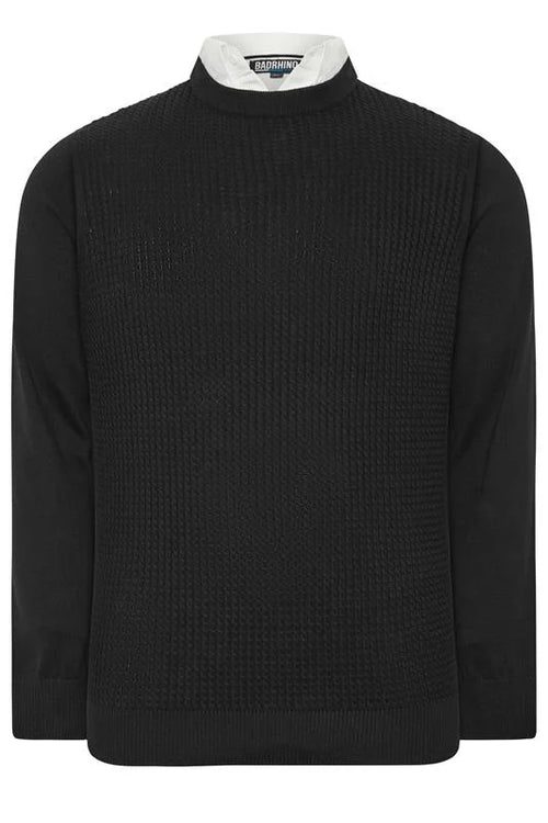 BadRhino Big & Tall Black Cable Knit Mock Shirt Jumper 2